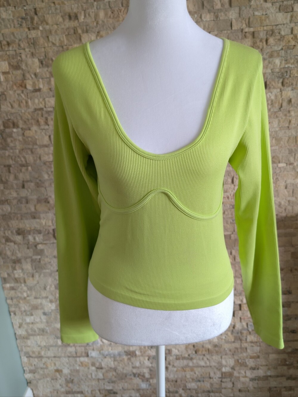 Bustier Style Long Sleeve Ribbed Top Lime Neon Green XL/XXL Activewear Soft Girl